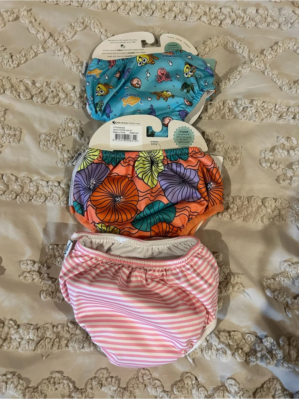 Green Sprouts / Tea Kids Swim Trunks - Pink Stripe, Orange Floral, Blue Print
